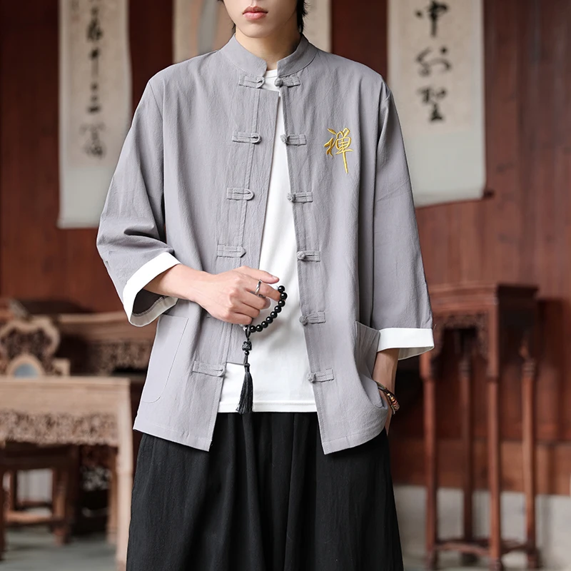 Elegant Chinese Style Frog Clasp Shirt with Zen Calligraphy Embroidery | 2025 New Arrival Boho Chic Men's Women's Top Plus Size