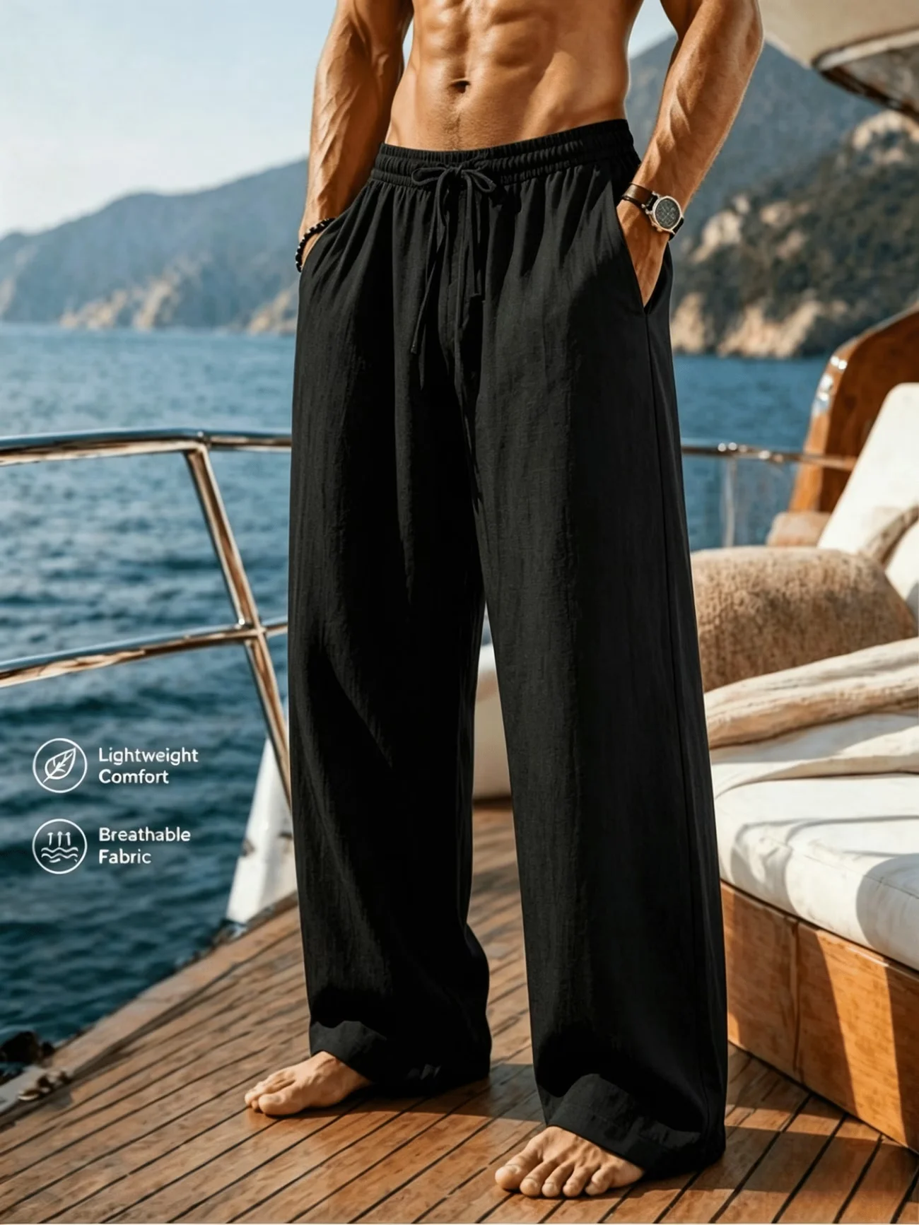 Herren Baumwoll-Leinen-Hose mit Weitem Bein, Elastischem Bund und Kordelzug, Leichte Atmungsaktive Sommer-Strand-Freizeithose – Detail 7