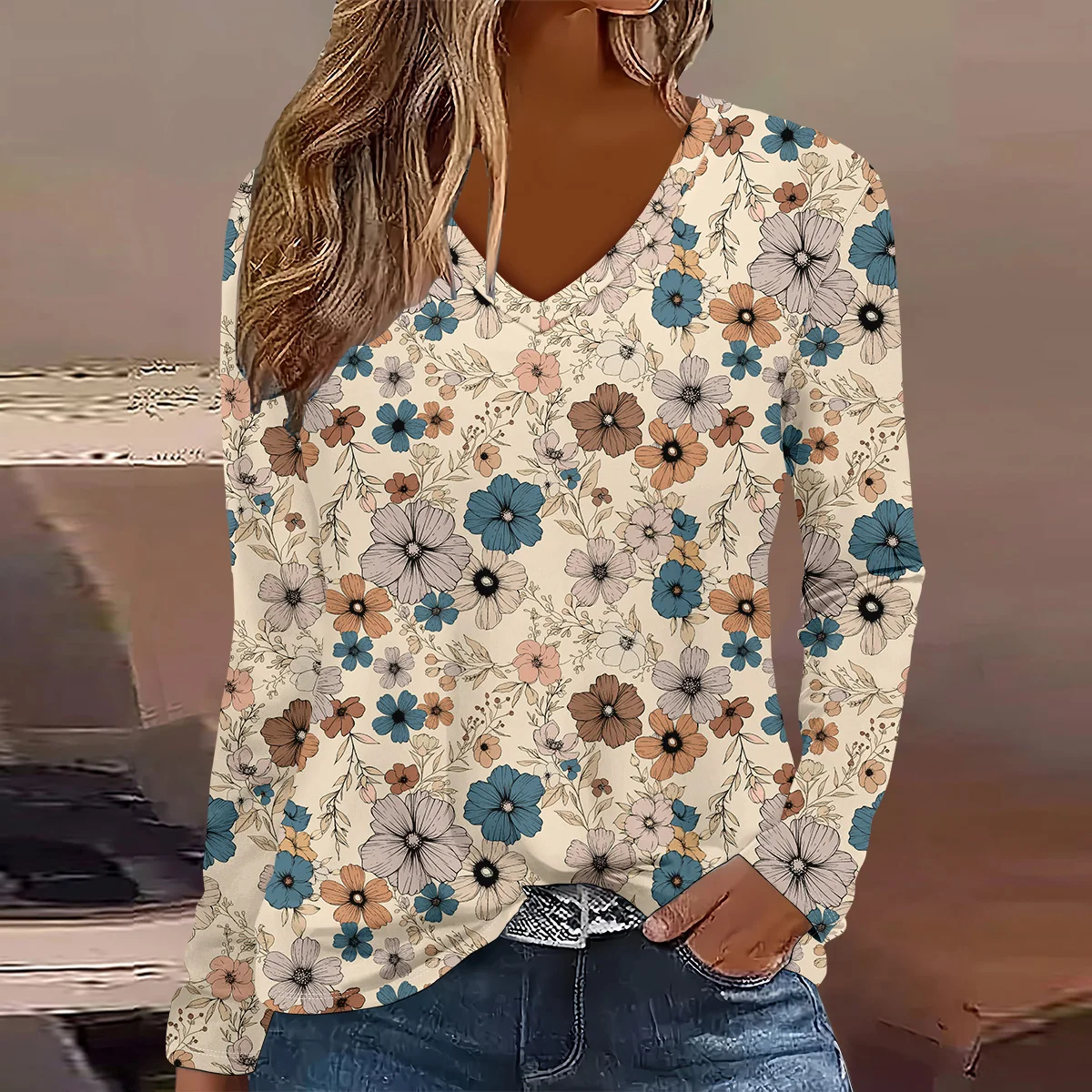 

Модная винтажная женская футболка с 3D принтом и цветочным узором, женская футболка с v-образным вырезом и длинными рукавами, повседневная дышащая женская одежда, топы, футболки