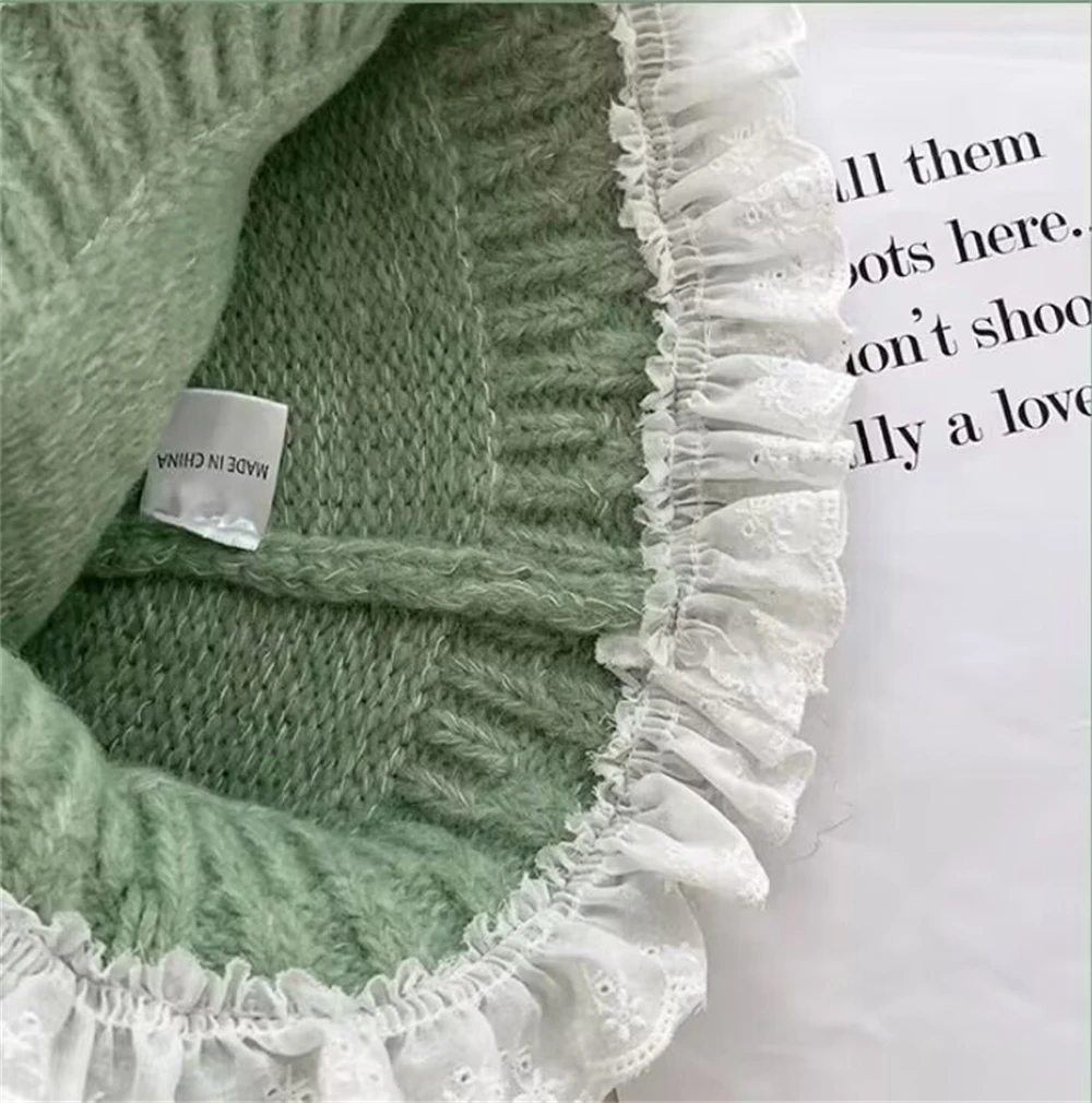 Winter Lace Soft Warm Knitting Hats Female Thickened Decorative Basin Hat Anti-freezing Chunky Rod Woolen Cap Clothing Accessory view 6