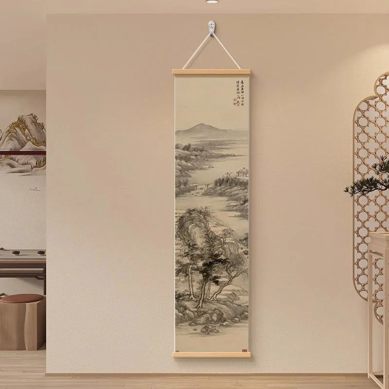 Zen-Trockenlandschafts-Wandkunst, Holzrahmen-Tuschemalerei für Wohnzimmer-Meditationsdekoration, asiatische minimalistische Schriftrolle zum Aufhängen