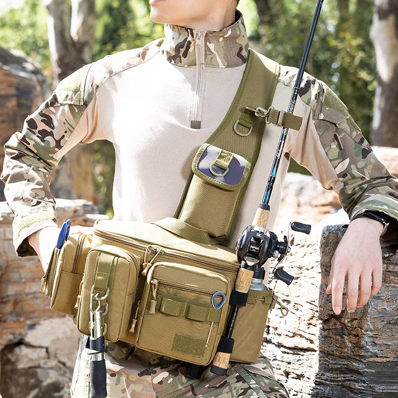 Multifunctional Crossbody Fishing Sling Bag Outdoor Tactical Waist Pack with Rod Holders, Spacious Water-Resistant