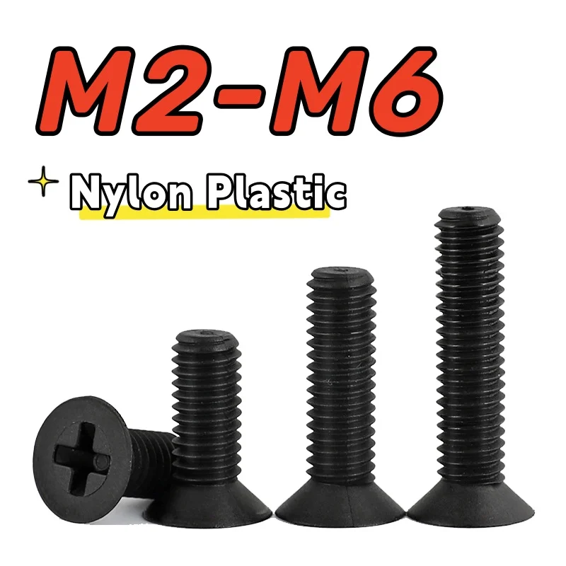 30-100pcs M2 M2.5 M3 M4 M5 M6 Black Nylon Countersunk Head Cross Machine Screws Plastic Phillips Flat Head Bolts Length: 4~ 40mm