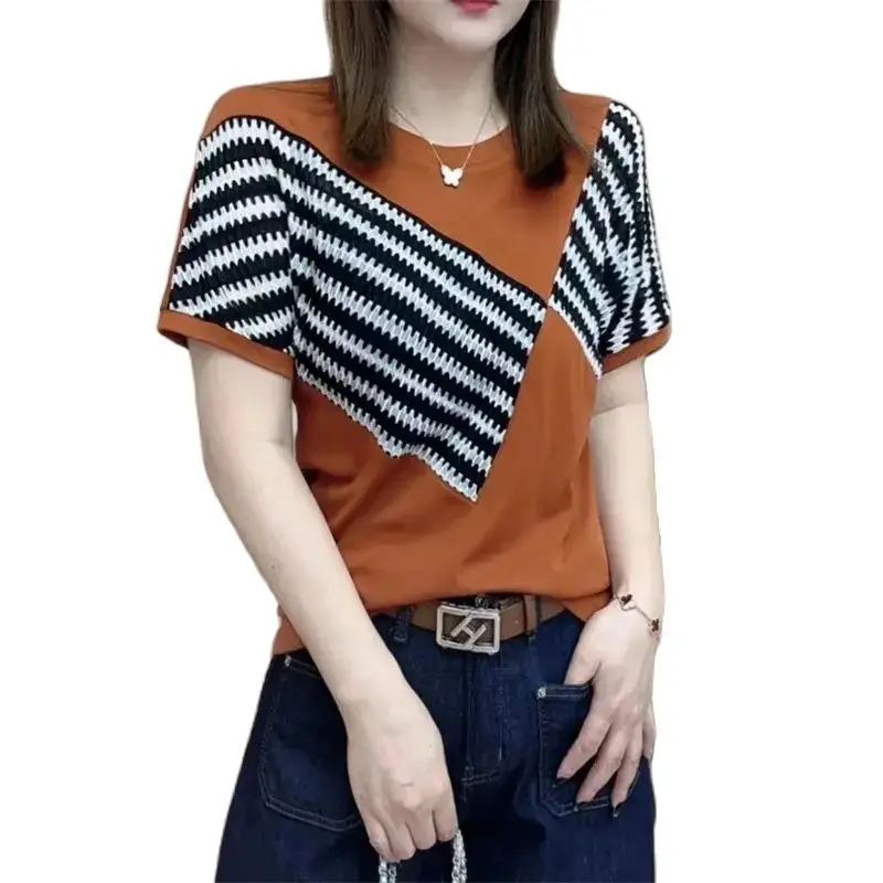 

High-Quality Cotton Stitching Striped T-Shirt Summer Fashion Slimming And Aging Fashion Short-Sleeved Round Neck Shirt Women