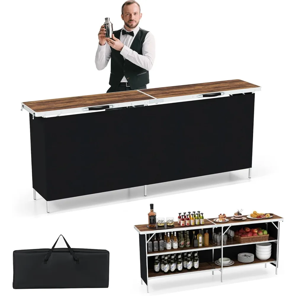 

81" Extra Long Portable Bar Table with 2-Tier Storage Shelves, Folding Mobile Bartending Station with Removable Skirt, Carry Ca