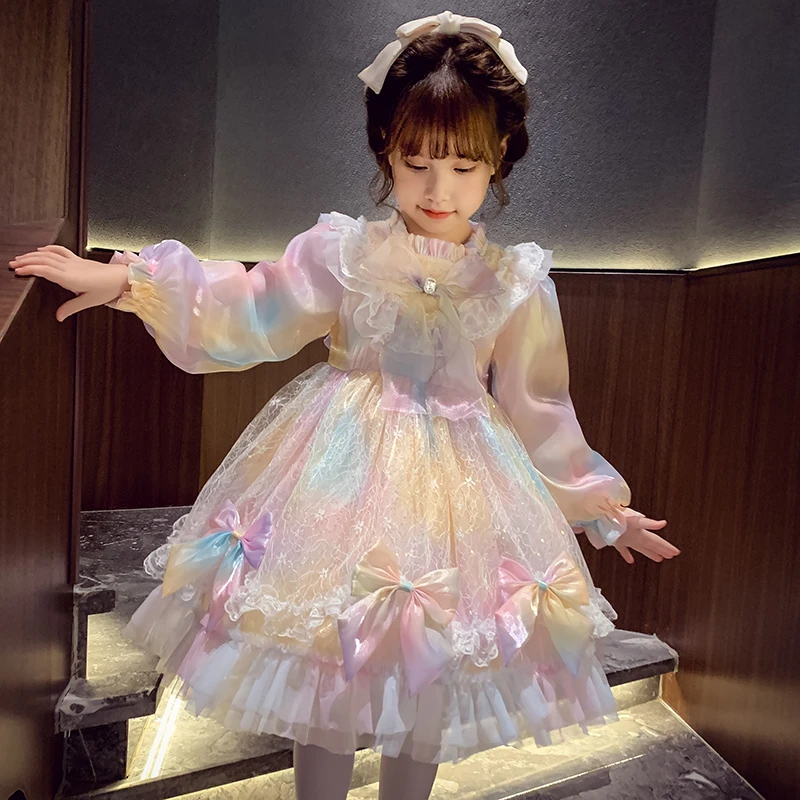 

Girl Lolita Dress Long Sleeve Lace Children Clothing Colorful Shiny Tulle Princess Dresses For Girl Birthday Party Prom Evening