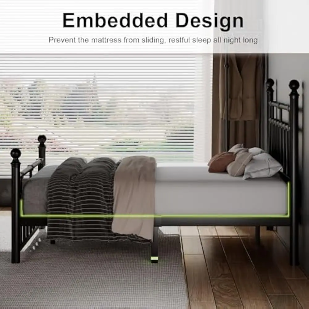 إطار سرير كامل الحجم مع لوح أمامي ولوح قدم كلاسيكي من الحديد، شرائح شديدة التحمل، تخزين تحت السرير مقاس 12 بوصة، لا حاجة إلى صندوق زنبركي #5