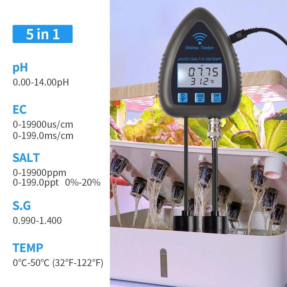 Tuya WiFi 5 in 1 Water Quality Monitor Salt/PH/EC/TDS/S.G/Temperature Tester PH Meter Aquaculture Swimming Pool Water Analyzer