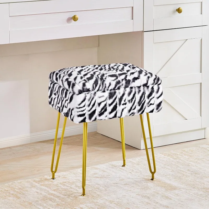 Vanity Stool with Storage,Footrest Footstool Ottoman, Multifunctional Makeup Vanity Chair for Vanity Makeup Room Bedroom(Zebra)