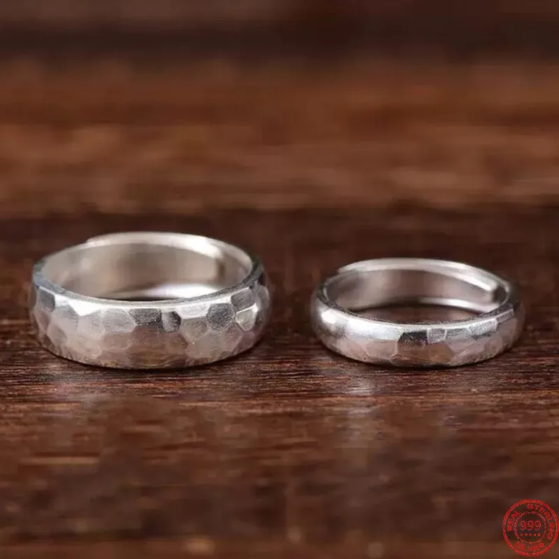 

S999 Sterling Silver Rings for Women New Women's Fashion Handmade Hammer Pattern Adjustable Pure Argentum Punk Jewelry