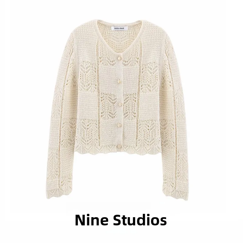 

NINE ZA Women's V-ne Embroidered Me Hollow Knitted Open Cardigan Outerwear 67706 Loose Fit Long Sve Color