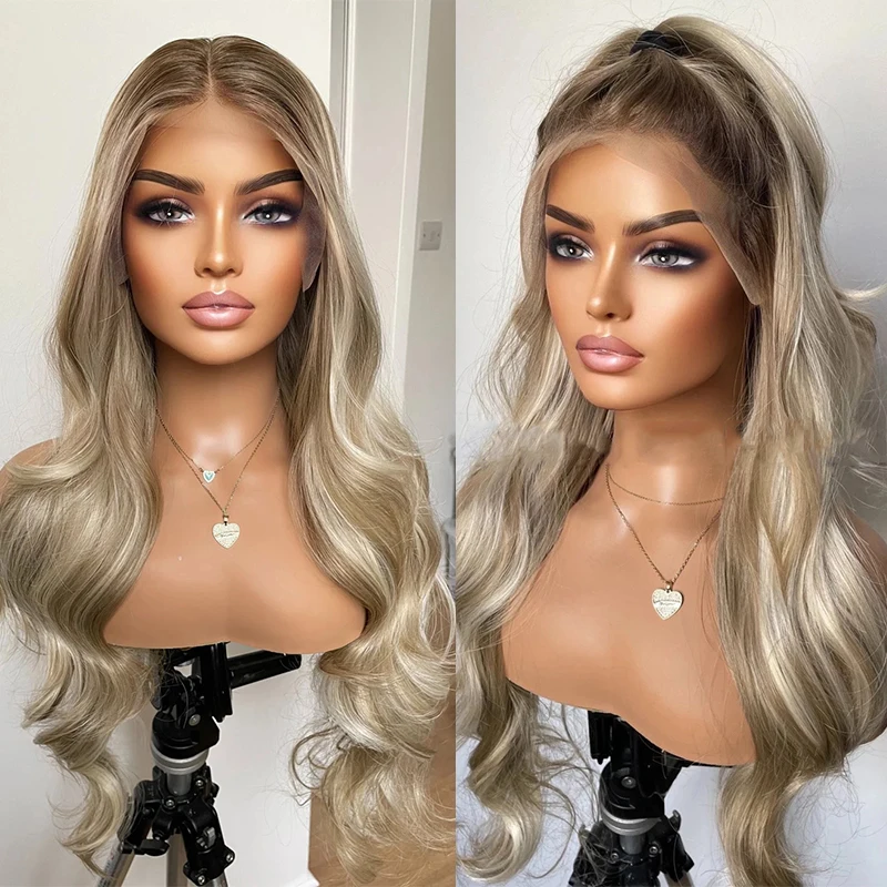 Gemengde Ash Platina Blonde Synthetische Lace Front Pruik Donkere Wortels 13x4 Voorgeplukt Realistische Natuurlijke Haarlijn Pruik Voor Vrouwen Dagelijks gebruik