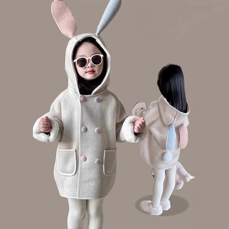 Toddler Girls Rabbit Costume 2025 Winter New Bunny Ears Baby Children Coat Hooded Animal-themed Cute Warm Woolen Jacket for Kids