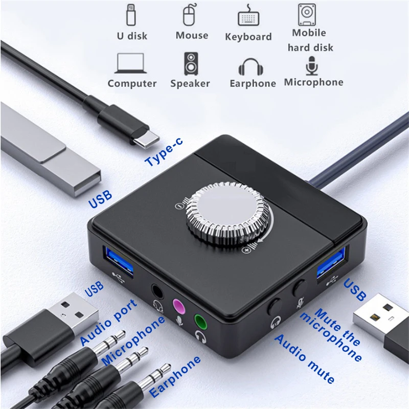 USB External Sound Card 3 Ports To 3.5mm Jack Driver-Free Volume Adjustable Sound Card External Stereo Audio Adapter