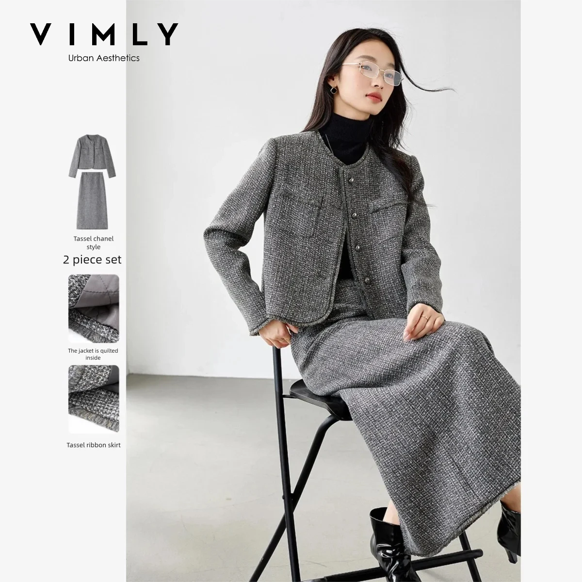 VIMLY Women's Grey Tweed Quilted Jacket Midi Skirt Two-piece Set Fall Winter Round Neck Elegant Fashion Commuter Outfit M9798