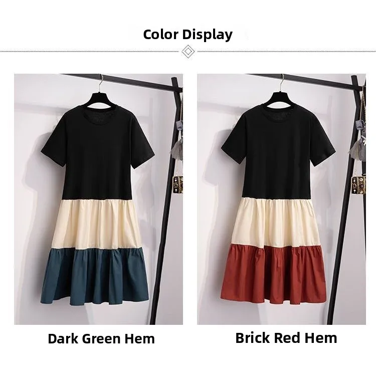 Spring Summer Casual Color Block Maternity Dress Women's Loose Large Size Fashionable Midi Skirt Knee-Length T-Shirt Dress