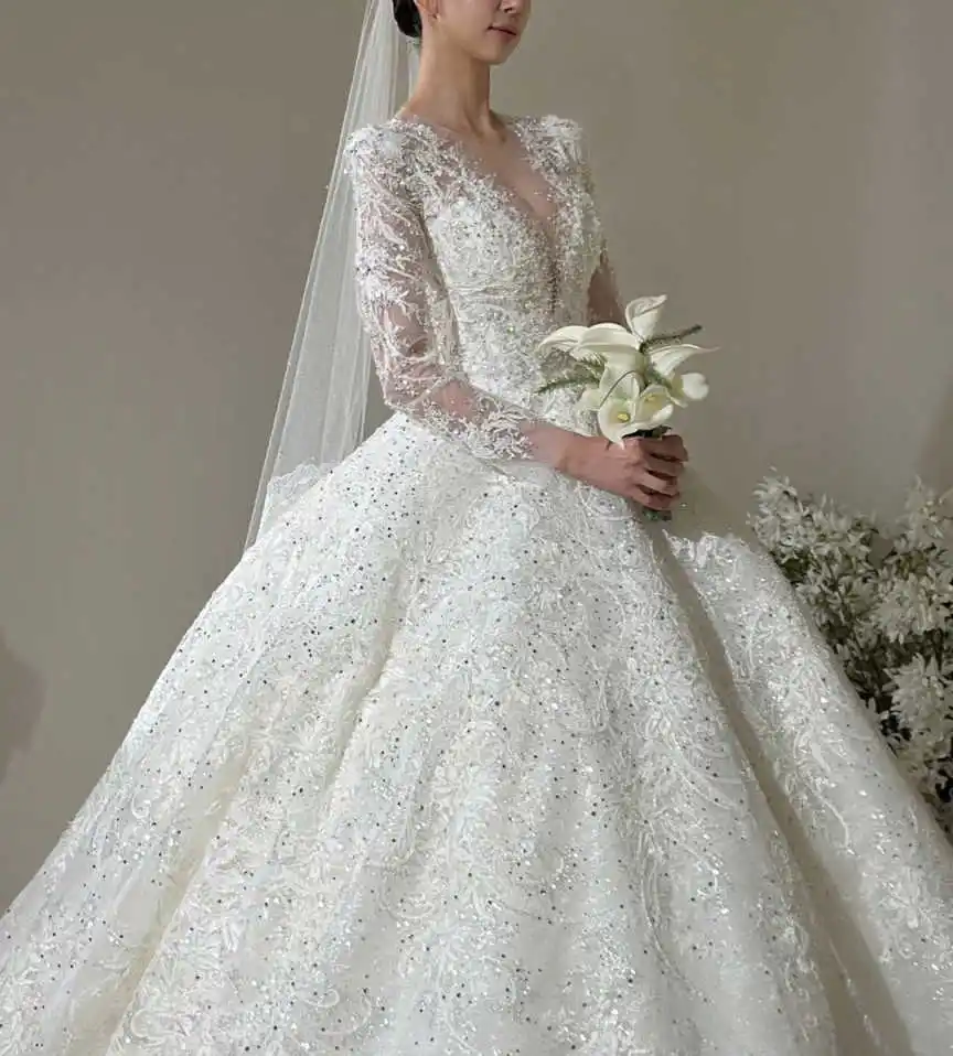 Luxus Ballkleid Brautkleider Applikationen Pailletten Volle Hülse Zipper Brautkleid Kathedrale Zug Vestido De Noiva Angepasst