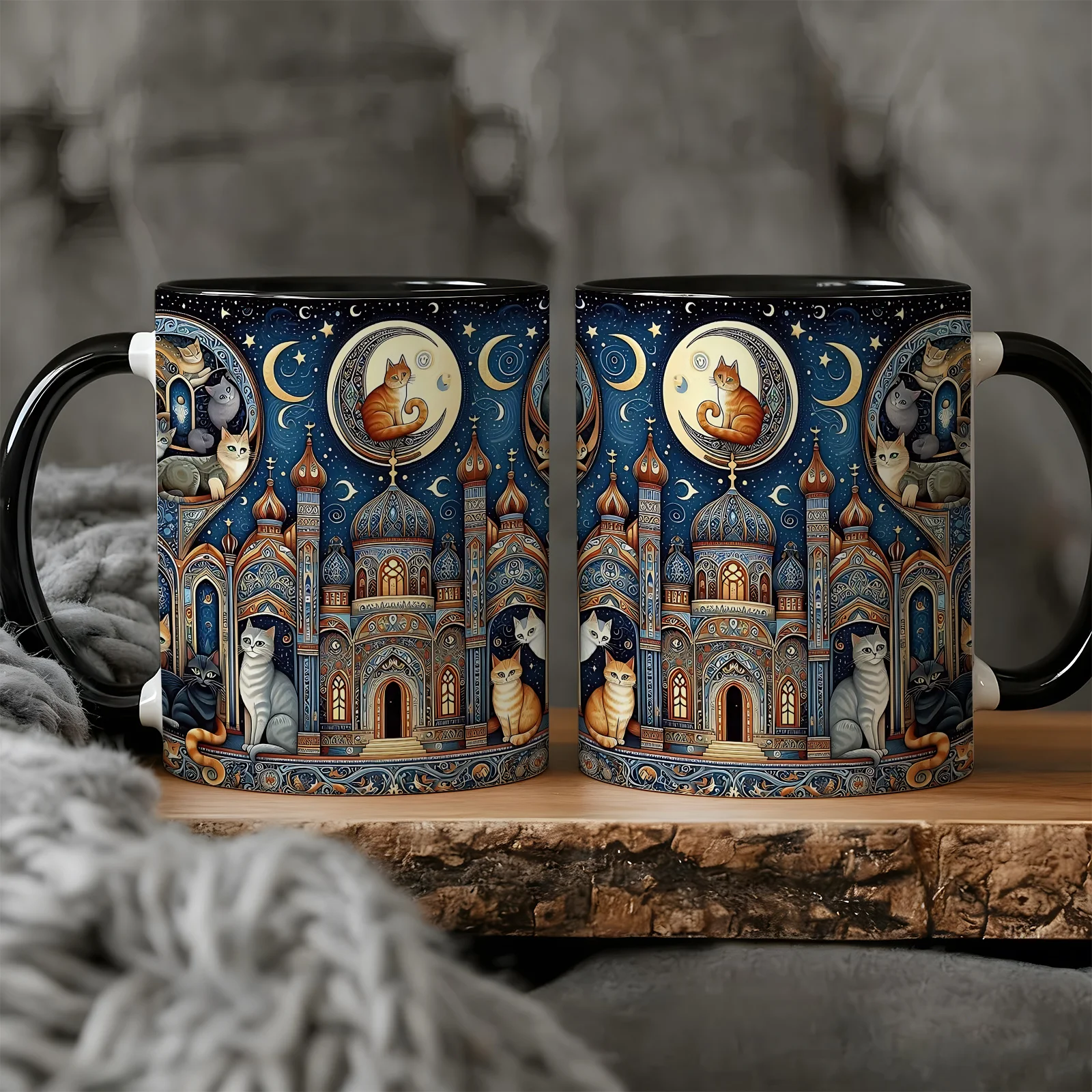 11oz Mystic Castle Moonlight Cat Pattern Ceramic Mug Unique Gift For Cat Lovers Fantasy Theme Coffee Cup Daily Use For Home And