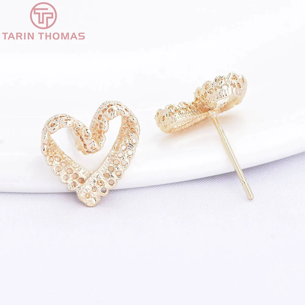 (10732)6PCS 24K Champagne Gold Color Brass Hollow Woven Heart-shaped Symmetrical Stud Earrings High Quality Diy Jewelry Findings