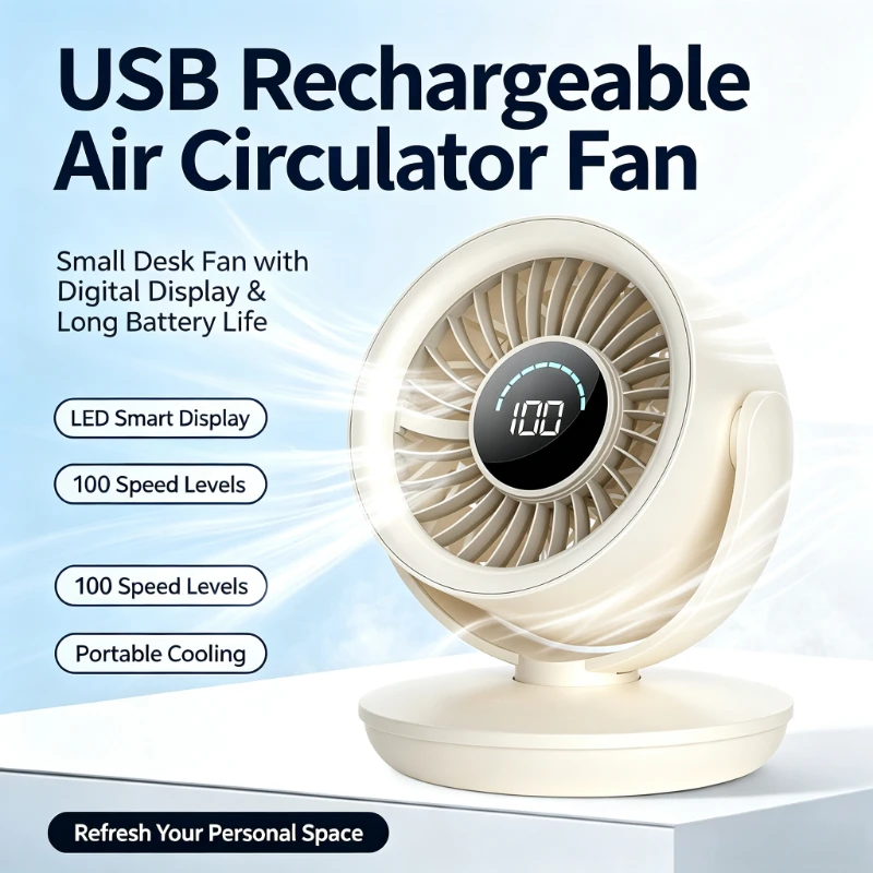 usb充電式デジタルディスプレイ付き空気循環ファン、長時間バッテリー駆動、小型卓上扇風機、オフィス、寮、家庭用ポータブル