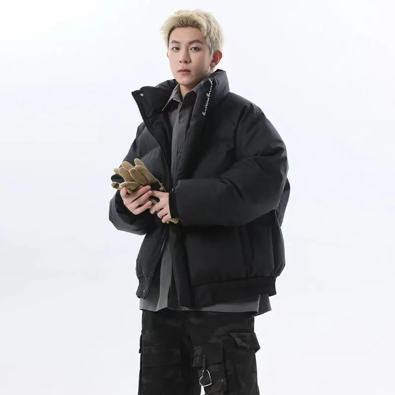 American Sle Thiened Bread Cotton PU Leather Jacket Men's Winter High Street Cool Stand Collar Versatile Long Sleeve Coat Men