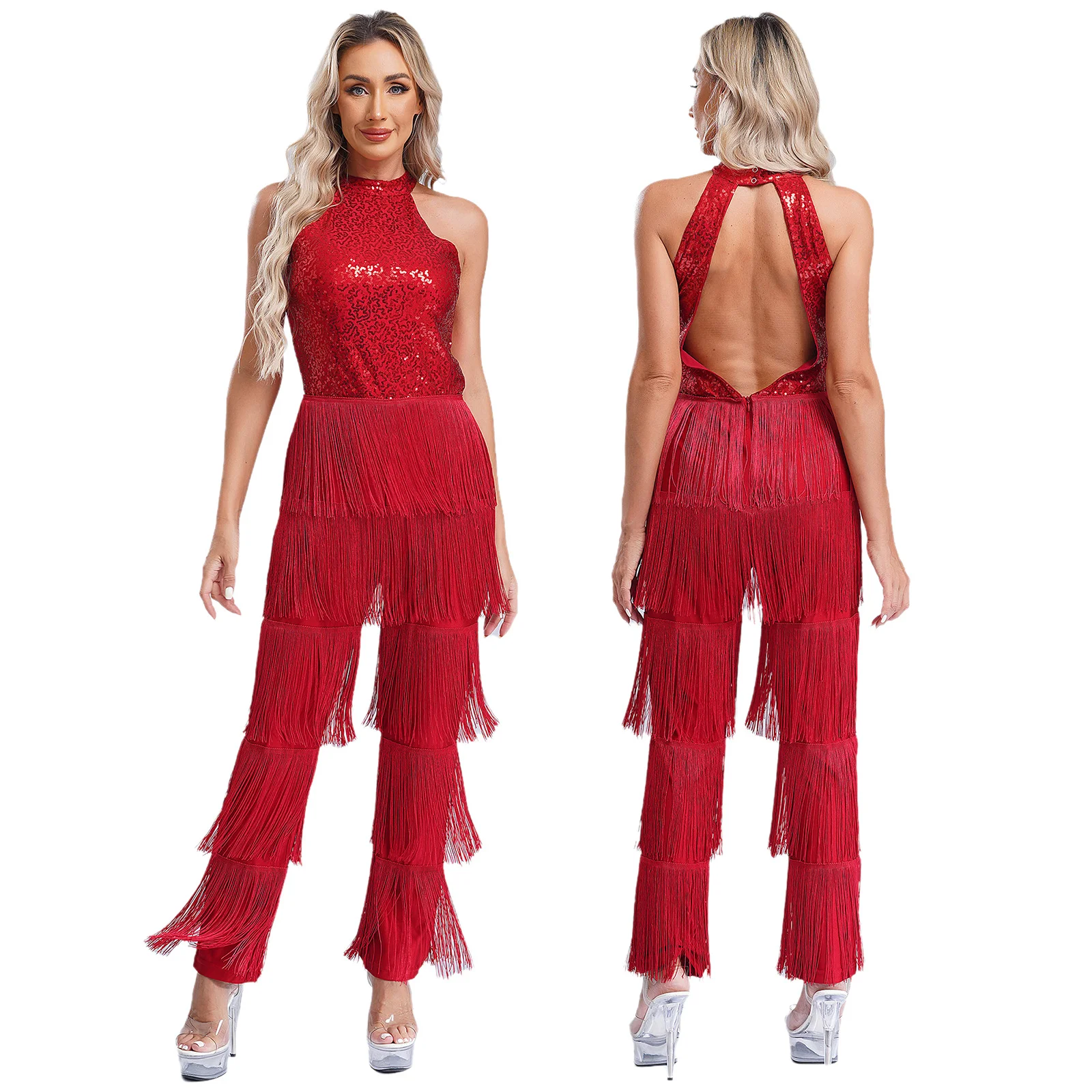 

Women Cha-cha Latin Dance Jumpsuit Sequins Tiered Tassel Rompers Halter Sleeveless Backless Jumpsuit Club Party Dance Costumes