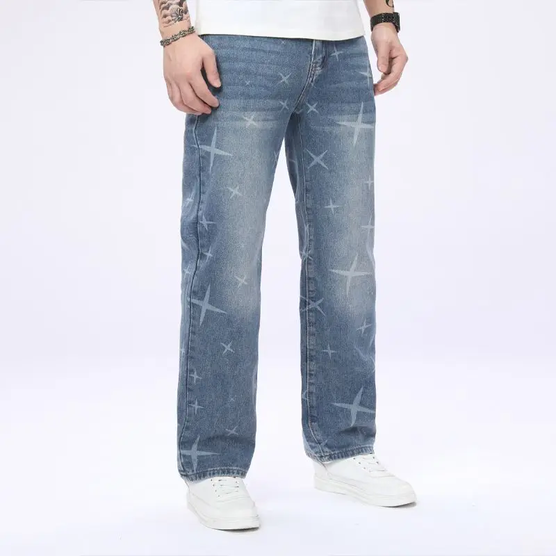 Men's jeans with non elastic irregular printing technology blue fashion, simple and versatile straight leg pants for all seasons