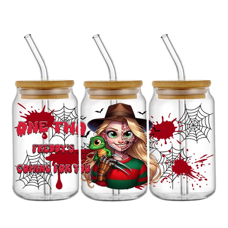 Halloween Horror Prinzessin 16OZ UV DTF Cup Wraps Transfer Aufkleber für Glas Libbey kann Flasche selbstklebend waschbar DIY Custom