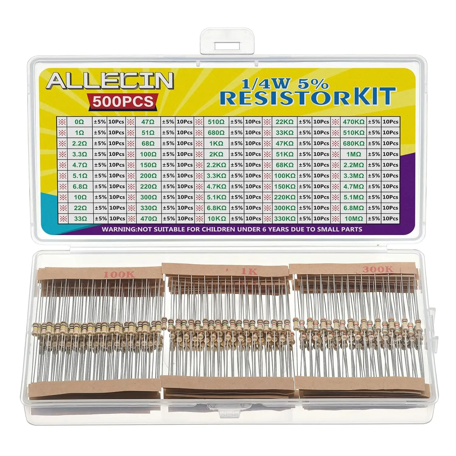 50 Values 1/4W 0 Ohm to 10M Ohm ±5% Carbon Film Resistor Assortment Kit