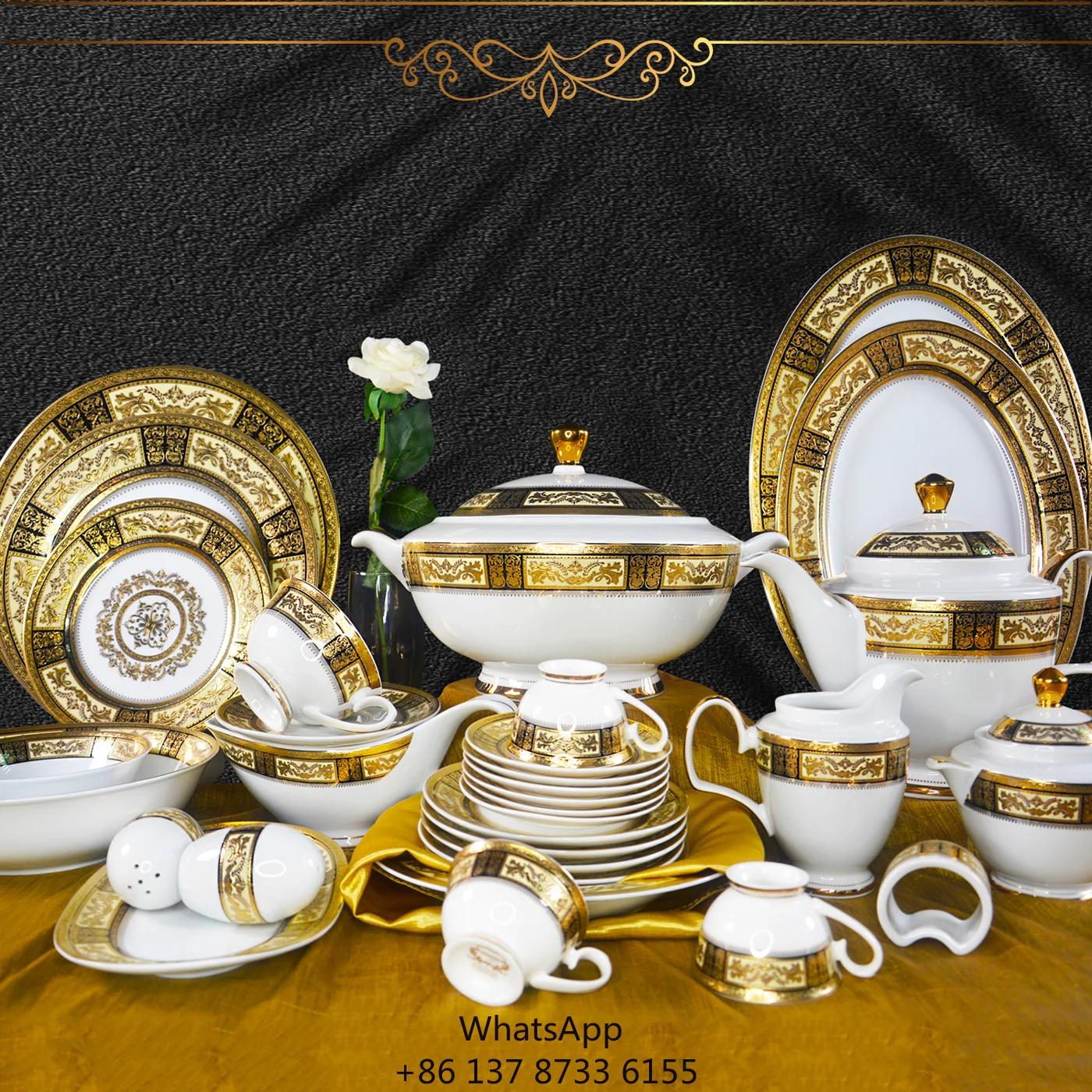 

Hot Sale Royal Porcelain Dinner Set Luxury Modern Dinnerware Embossed Gold Decoration Bone China Kitchenware