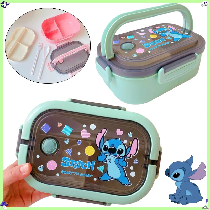 

Двухслойный ланч-бокс Disney Stitch с ложкой и вилкой, портативный контейнер для еды с мультяшным рисунком для студентов, школьный контейнер для еды, коробки для пикника на открытом воздухе, для кемпинга