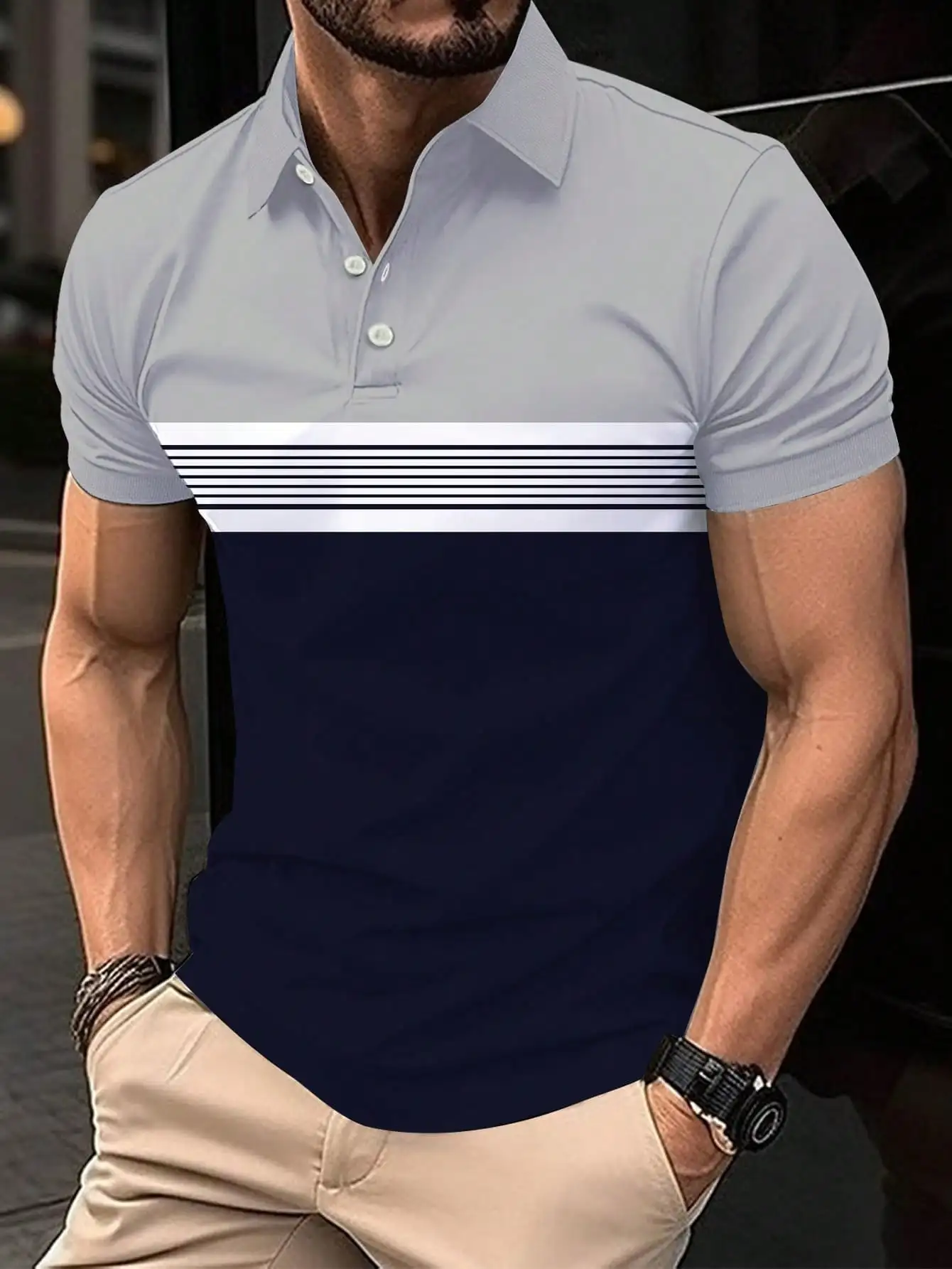 

Men's Short Sleeve Colorblock Polo Shirt with Horizontal Stripe Band