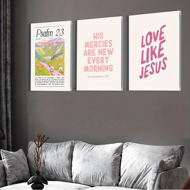 3pcsModern Christian Pink Bible Verse  Wall Art Print Canvas Painting Poster Picture For Living Room,Bedroom Home Decor
