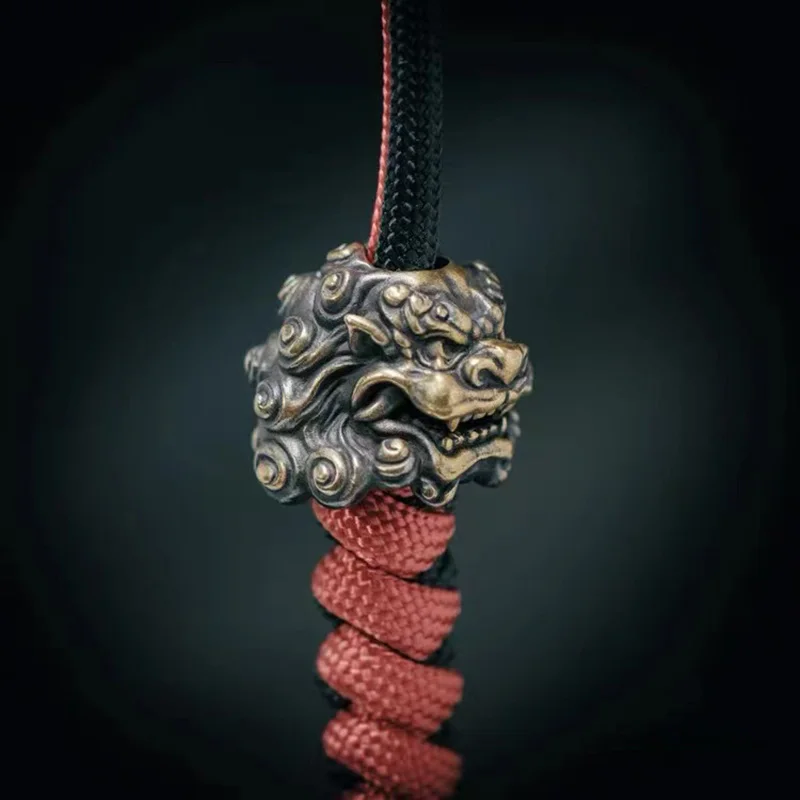 Chinese Ancient Palace Lion Head Knife Beads Brass Animal Figurines EDC DIY Paracord Woven Lanyard Pendants Jewelry Accessories