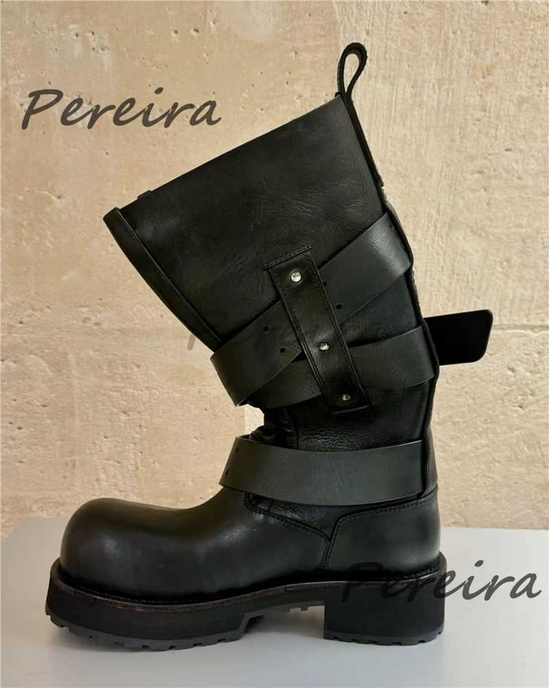 レトロベルトバックルオートバイブーツ メンズ レディース ビッグラウンドトゥ 厚底 ワイドレッグ ナイトブーツ パンク ブラックレザー カップルシューズ