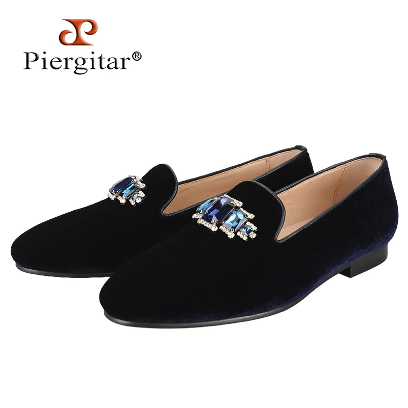 Piergitar Classic Style Four Colors Crystals Drill Buckle Belgian Loafers For Party Formal Wear Slip-On Men's Velvet Slppers
