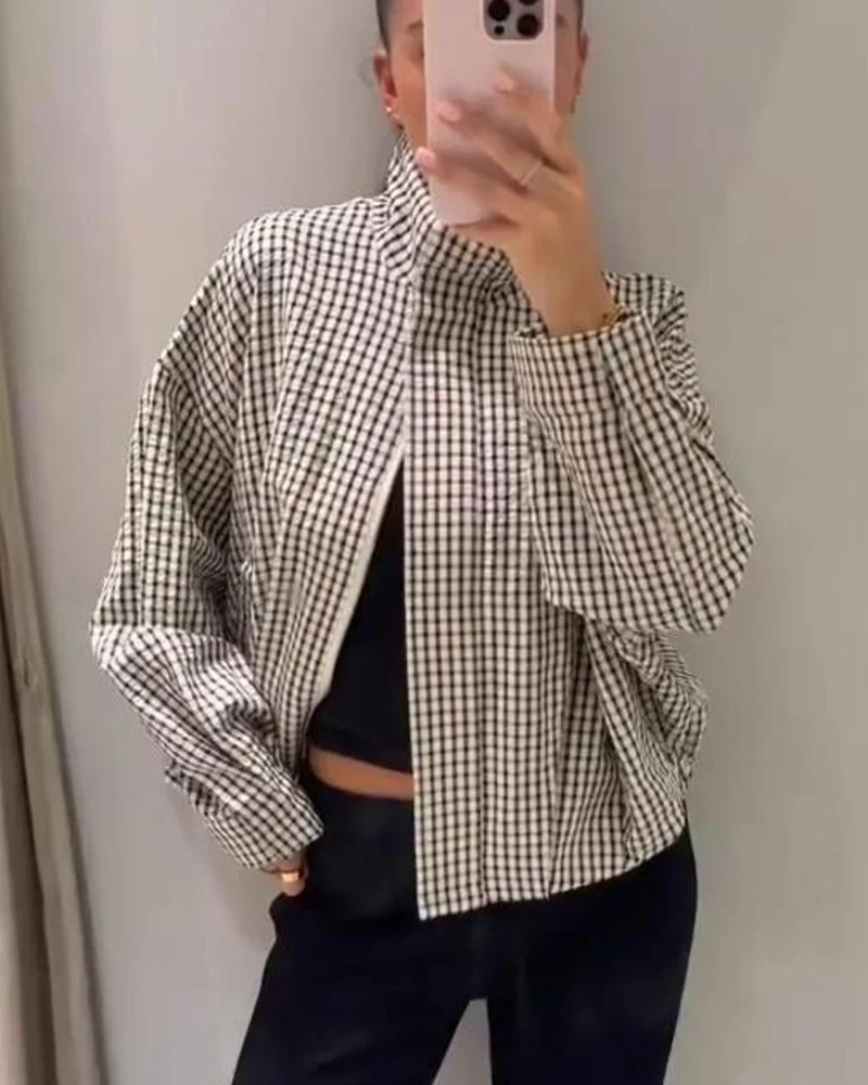 Women's Plaid Pilot Jacket 2026 New Fashion Long-Sleeve Jacket for Women Casual Chic Ladies Outwear Autumn Oversize Women Coat