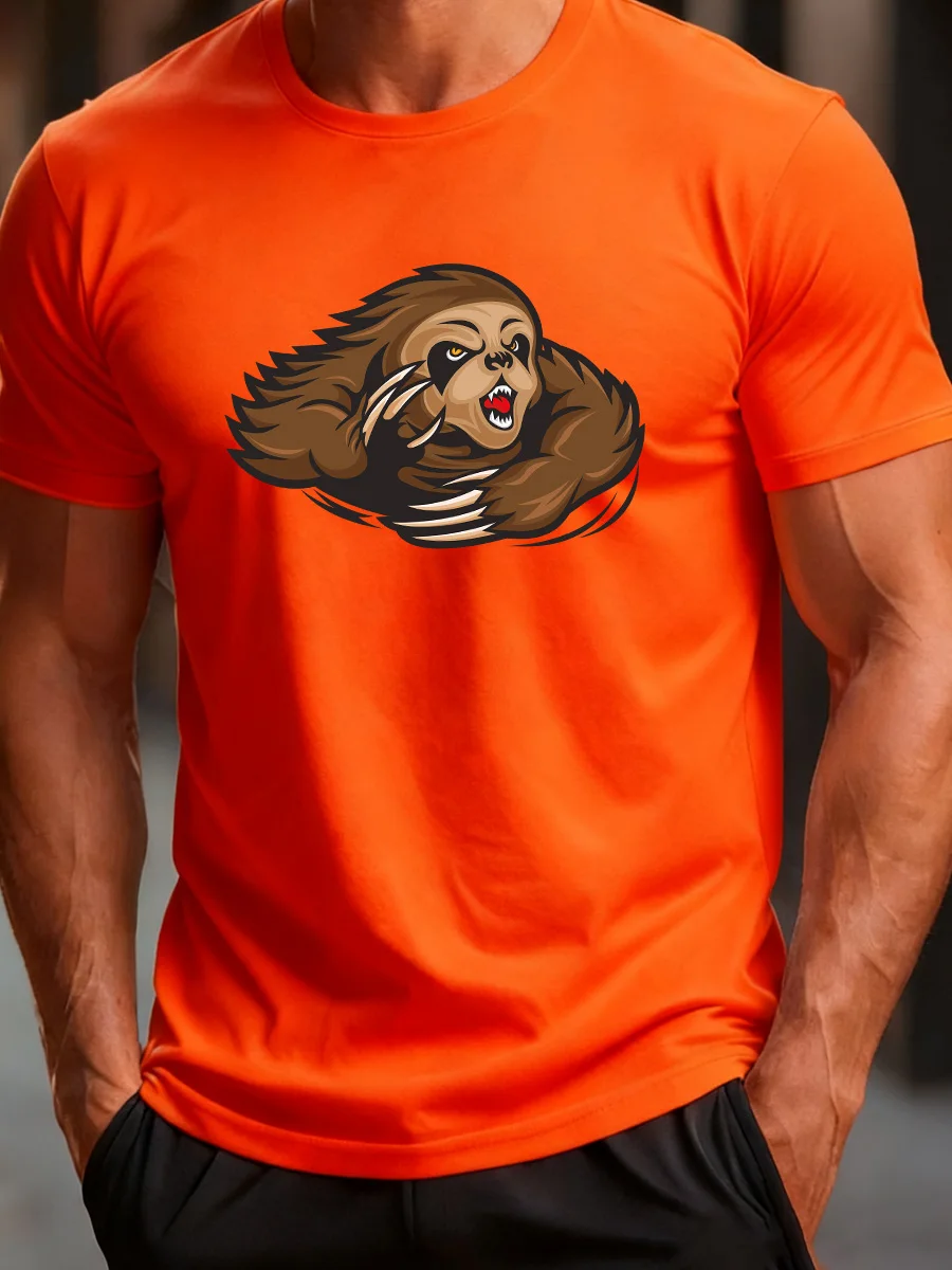 

Orange Short Sleeve T-Shirt with Angry Sloth Graphic Print, Casual Summer Men's Crew Neck Tee