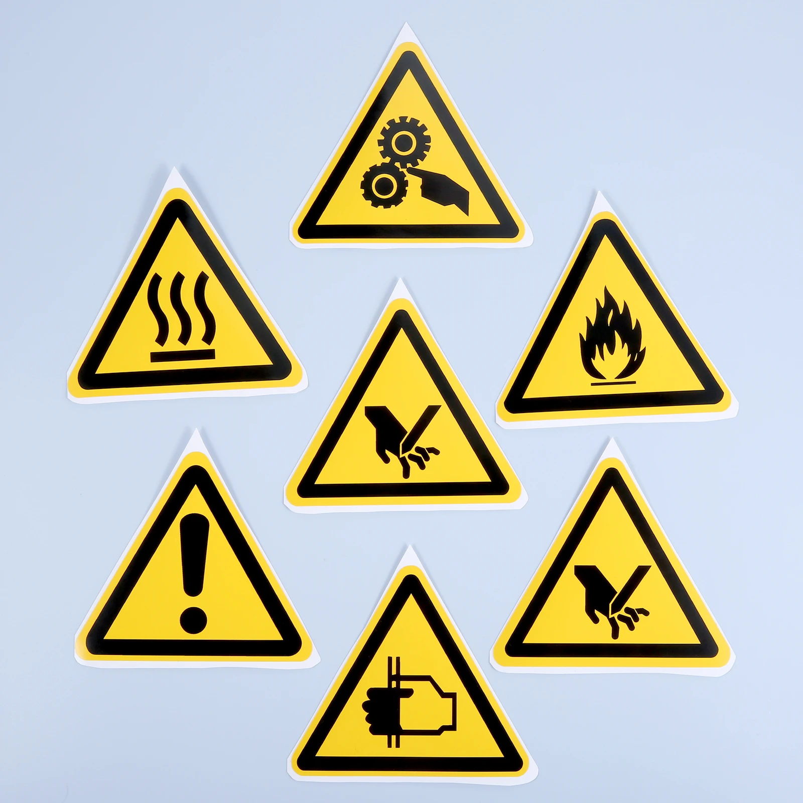 5Pcs Triangle Warning Sign Sticker 25/50/100mm Security Logo Stay Safe Label Water&Oil-Proof Tag Cogs Electricity Beware Hurting