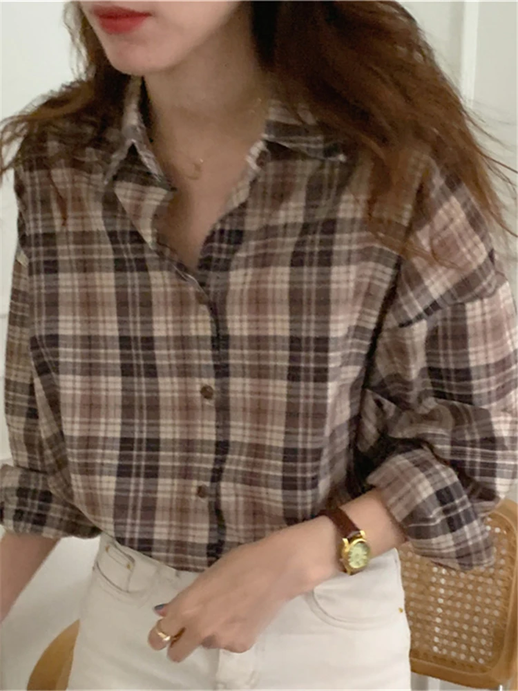 BL9309 New 2023 Fashionable Oversized Plaid Wild Korean Checkered Vintage Spring Autunm Women\'s Blouses  Shirt Elegant Lady Tops