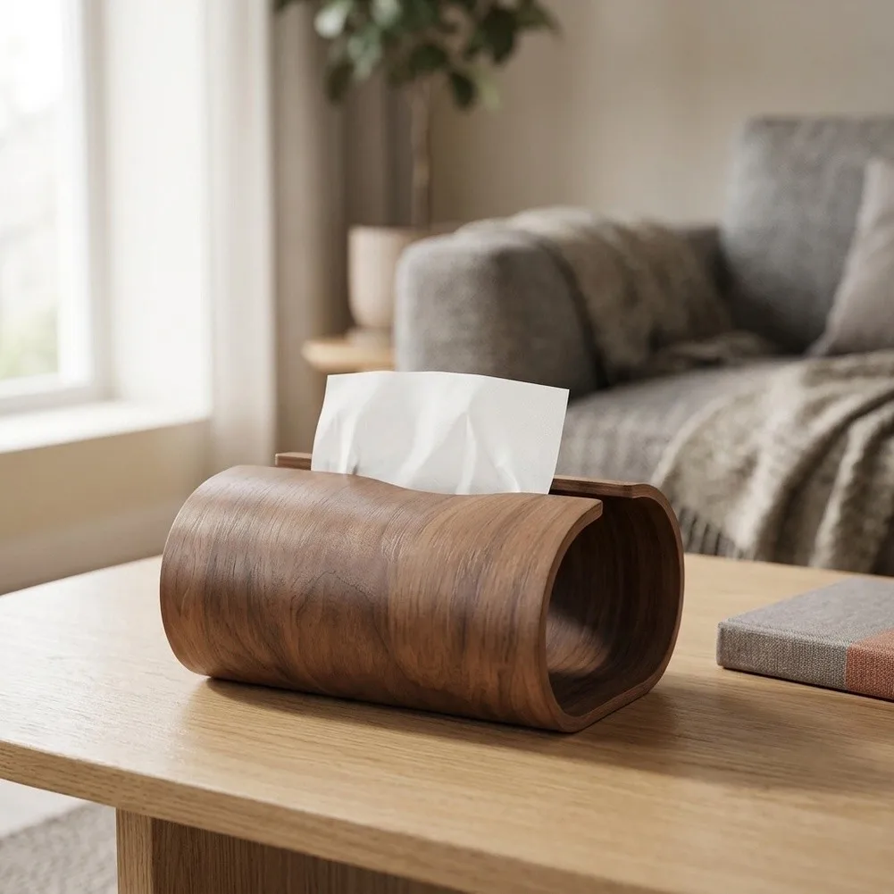 Stylish Walnut Wood Paper Holder Box Cover for Bathroom Living Room Desk 16.5cm x 13.5cm x 8.5cm Real Wood Texture