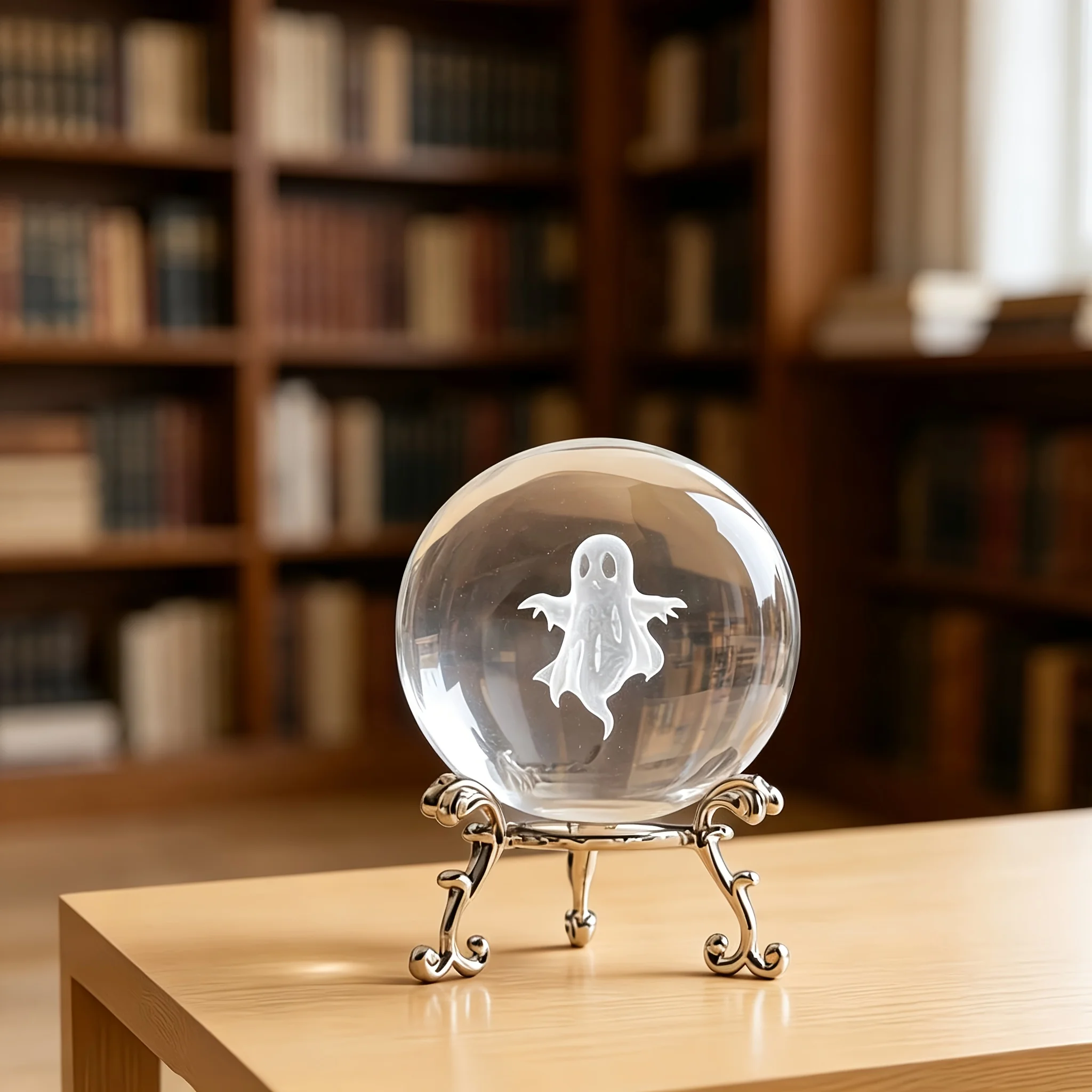 Ghost Engraved Crystal Ball, Spooky Halloween Gift, Crystal Engraved Little Ornament with Base - Gothic Tabletop Decoration. view 6