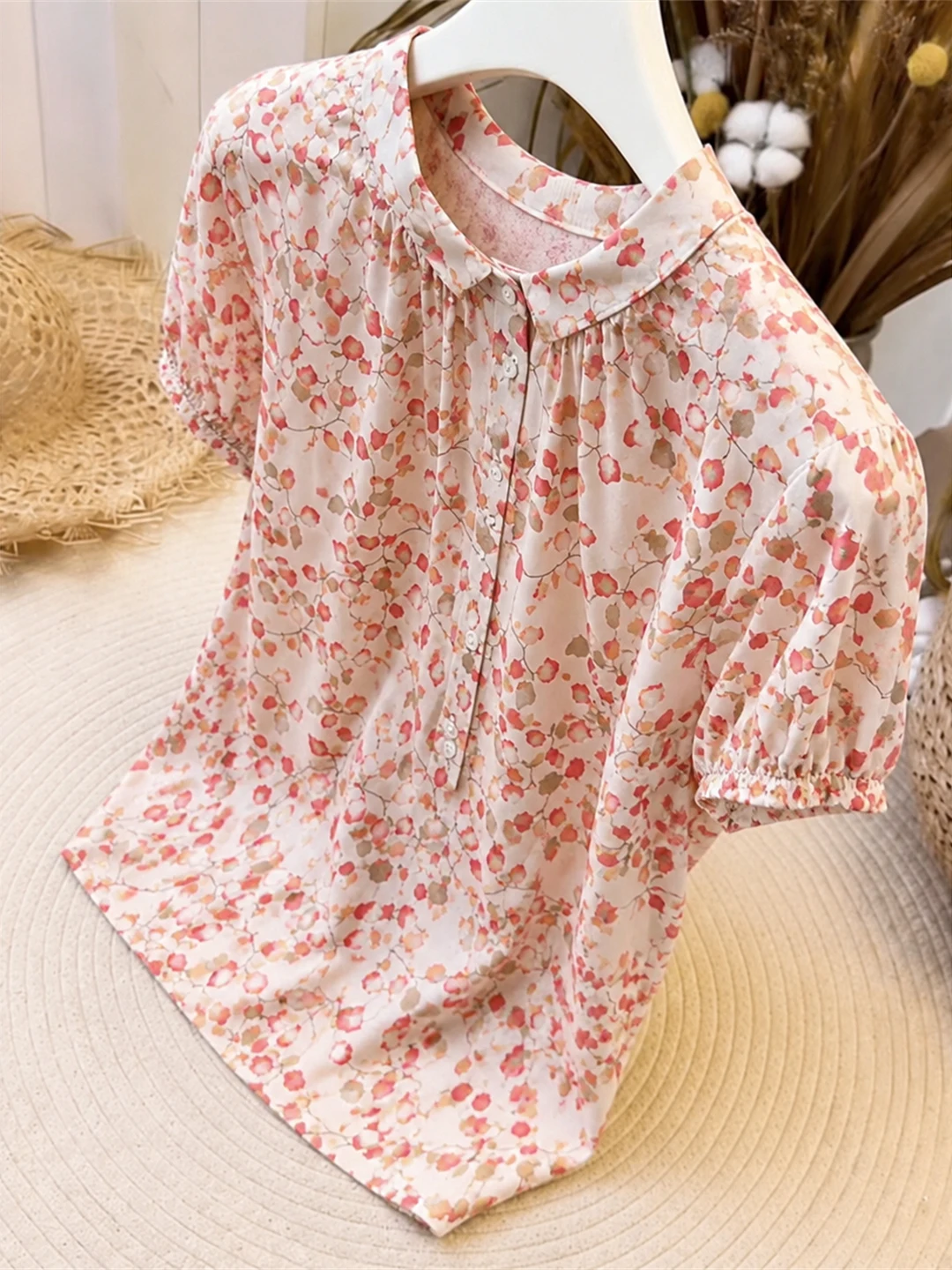 

Country Style Floral Print Short Sleeve Neck Commute Shirt Comfortable Versatile Summer Blouse Korean Style Straight Cut