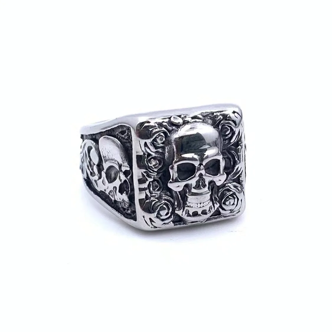 Personalized Retro Death Gothic Rose Skull Head Men\'s Stainless Steel Ring Size 7-13