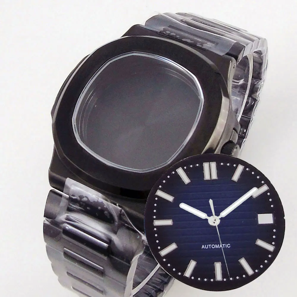 Caixa de relógio quadrada preta, peças de vidro safira, 40mm, PVD, Nautilus, Japan, NH35A, NH34, NH70, 4r35