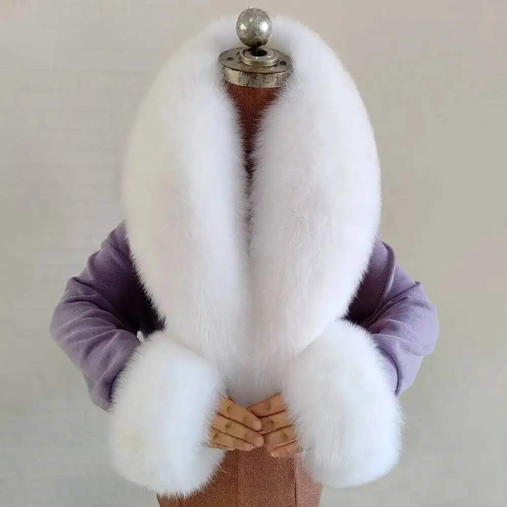 Winter Natural Fox Fur Scarf And Cuff Set Women Jacket Fur Collar Authentic Neck Warm Scarves Luxury Fluffy Fox Fur Shawl