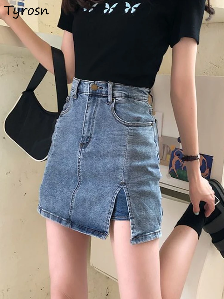 

Mini Denim Skirts Women Empire Chic Simple All-match Ladies Hotsweet Elegant Tender Solid Sexy Korean Style Slim Stylish Retro