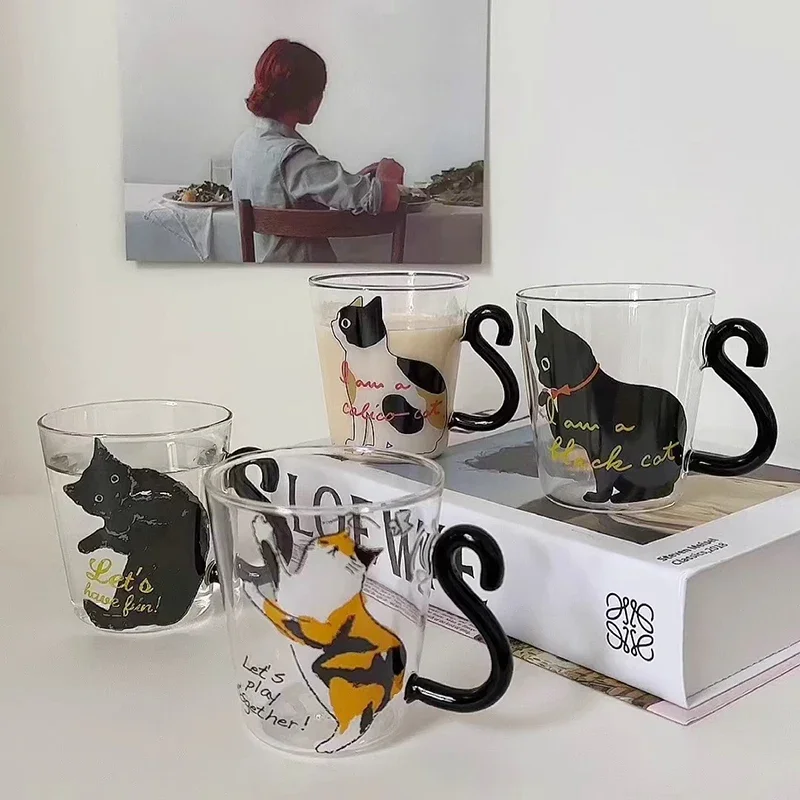 1-2 uds 250 ml lindo gato negro juego de tazas de café de cristal agarre en forma de Animal leche agua jugo tazas taza de té estilo japonés regalo Tazos