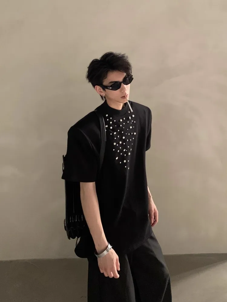 Males Summer Fashion Pearl Design T-shirt Shoulder Padded O-Neck Short Sleeve Loose Fit Handsome Casual Tees Daily Pullover 2025
