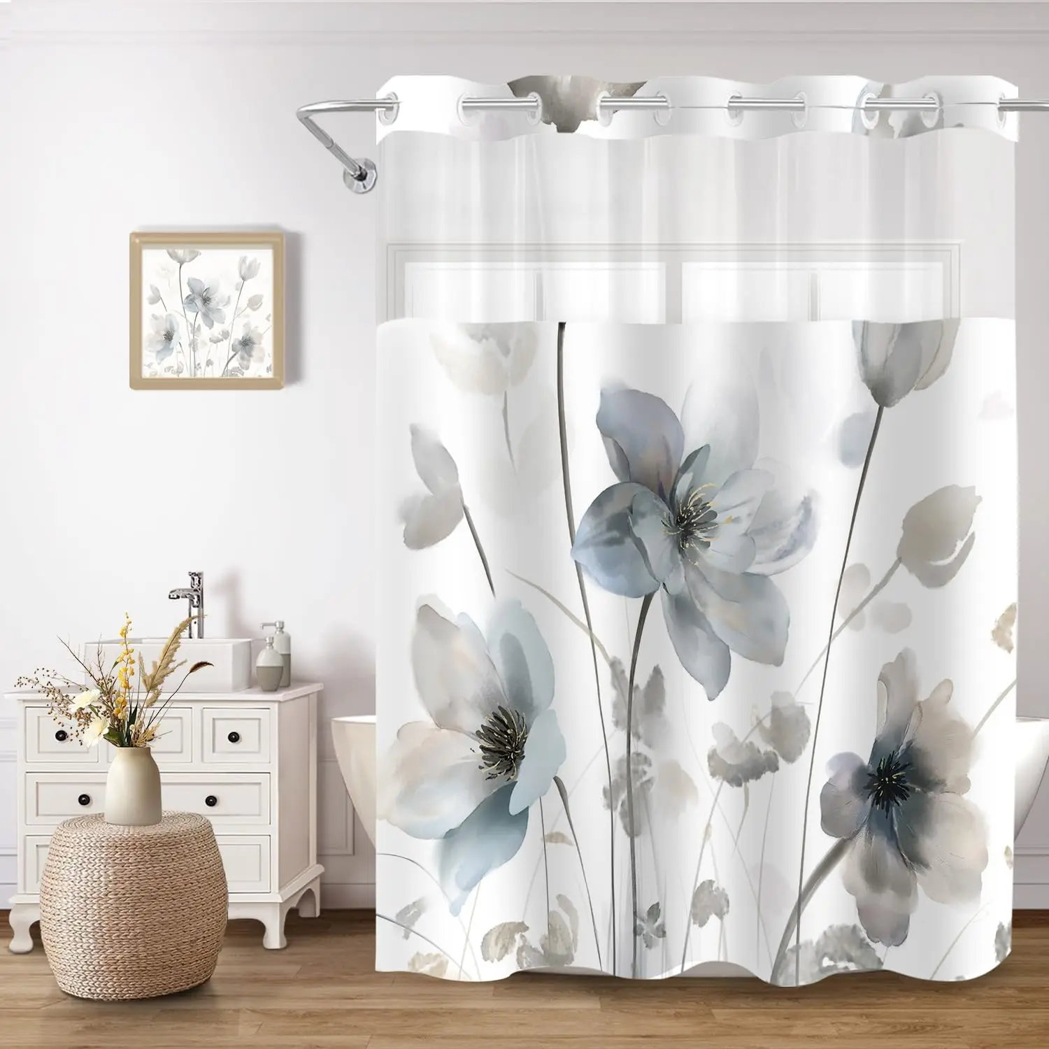 

Blue Grey Boho Floral Waterproof Shower Curtain Set with Snap-in Liner, 71x74 Inch